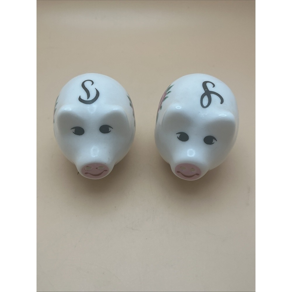Vintage Pig Salt & Pepper‎ Shakers with Calligraphy Letters, Flowers.